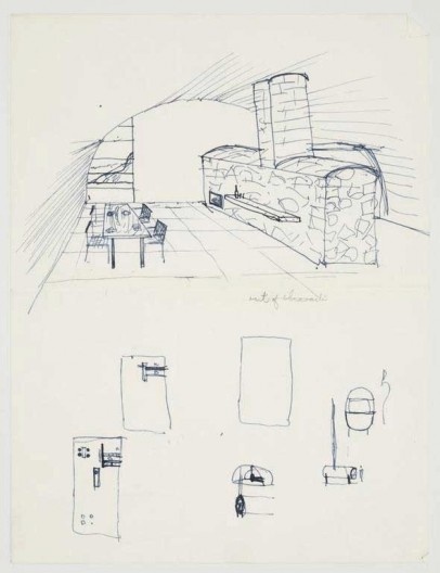 Myron Goldsmith, Quonset Huts, exterior and interior sketches, ca. 1942-45