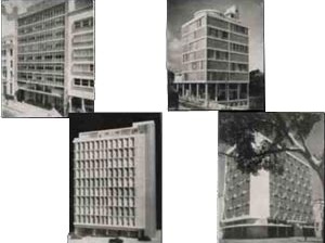 Figura 1: Realizações arquitetônicas no centro de Salvador na década de 1950. Da esquerda para a direita, de cima para baixo: Edifício BANEB, de Paulo Antunes; Edifício IPASE, de Diógenes Rebouças; Edifício Castro Alves, de Diógenes Rebouças; e Edifício C
