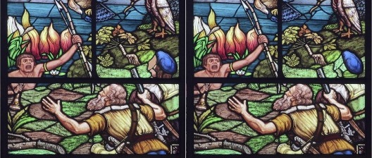 A visão de Anhanguera, painel de Benedito Calixto no Museu do Café em Santos; à esquerda, painel original; à direita, painel restaurado