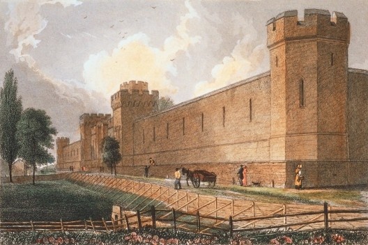 Vista externa da Eastern State Penitentiary, Filadélfia, em 1831, gravura de C. Burton