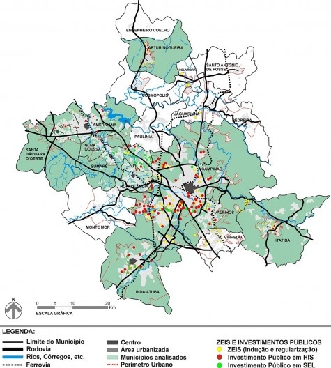 Mapa de localização de investimentos públicos em nove municípios da Região Metropolitana de Campinas