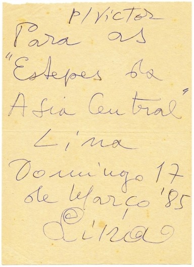 “Para as Estepes da Ásia Central”, bilhete de Lina Bo Bardi para Victor Nosek, 1985