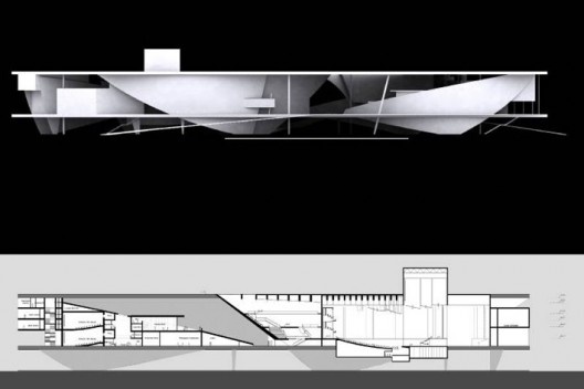 Cidade da Música, elevação e corte da primeira versão do projeto, Rio de Janeiro. Arquiteto Christian de Portzamparc