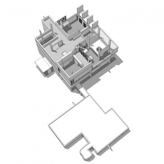 Casa Shodhan, vista axonométrica do terceiro pavimento, Ahmedabad, Gujarat, Índia, 1951-56. Arquiteto Le Corbusier