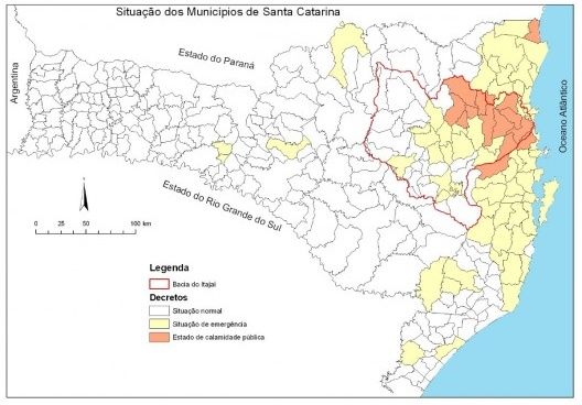 Distribuição dos municípios que decretaram situação de emergência e estado de calamidade pública em novembro de 2008