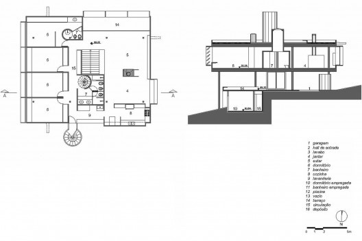 Residência do arquiteto, planta superior e corte. Arquiteto Carlos Millan