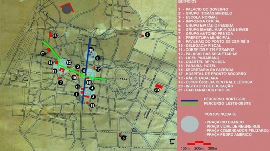 Localização da arquitetura pública produzida na capital paraibana entre 1915 e 1940 (em cópia da planta da cidade em 1923, desenhada pela Prefeitura Municipal de João Pessoa)