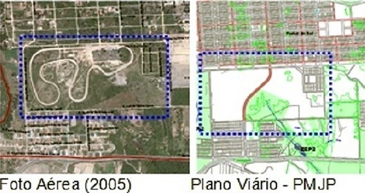 Área ocupada pelos condomínios Bosque das Orquídeas e Bosque das Gameleiras, foto aérea (2005) e plano viário (separados conforme o plano viário elaborado pela Seplan). A via foi executada pelo empreendedor como contrapartida financeira