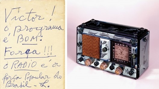 Bilhete de Lina Bo Bardi para Victor Nosek sobre a exposição Rádio; imagem para cartaz da cancelada exposição Rádio, Museu da Imagem, 1988