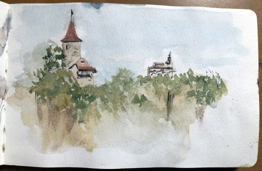 Vista da Chapelle de Lorette e da Tour Porte de Bourguillon. Lápis e aquarela sobre papel 200g/m2