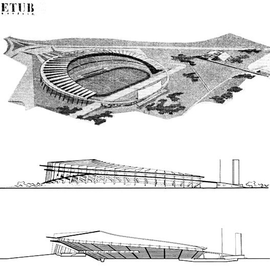 Estádio Universitário, perspectivas, ETUB/Jorge Machado Moreira, 1954