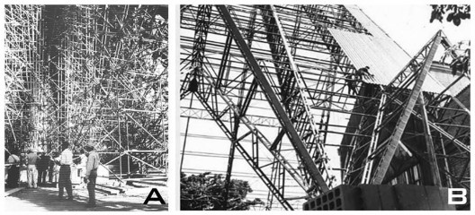 Estrutura da cobertura da Catedral Metropolitana de Londrina em dois momentos: a. andaimes montados no templo para içar e montar as treliças; b. treliças já montadas onde é possível observar operário fixando as telhas