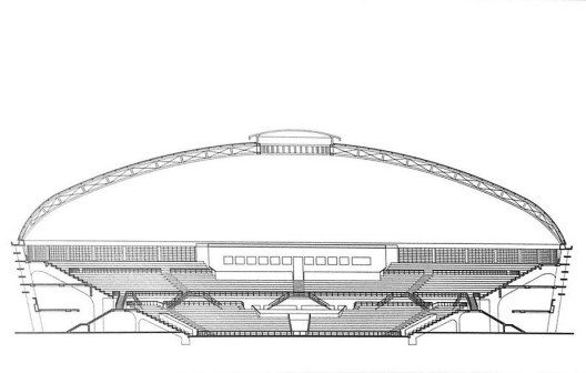 Corte do Ginásio do Ibirapuera. Observar o perfil em paraboloide elíptica das treliças que compõe a cobertura