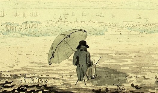 A figura no primeiro plano e embaixo de um guarda-sol é Burchell, que se autorretratou desenhando (detalhe da imagem acima)