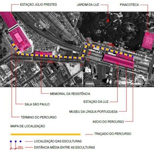 Mapa esquemático do percurso com a indicação da posição da esculturas (pontos azuis). Ao todo são 30 esculturas distribuídas por uma distância de aproximadamente seiscentos metros