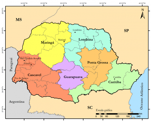 Mapa do Estado do Paraná, detalhe dos núcleos urbanos de Toledo e Marechal Cândido Rondon inseridos no perímetro da área colonizada pela Maripá
