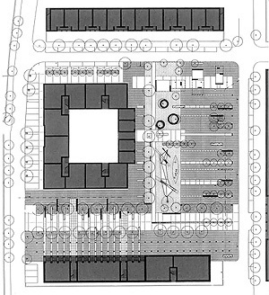 Praça Erasmo Piaggio, Roma. Planimetria do projeto. Arquitetos P. Pimpini, R. Roccatelli, A Valenti