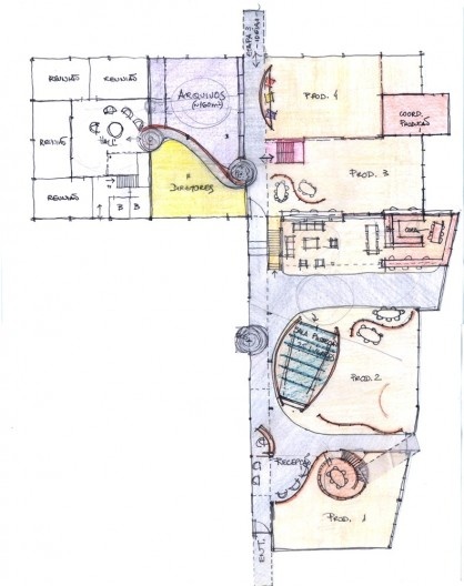 Reforma e ampliação O2 Filmes, croquis, São Paulo SP Brasil, 2013. Arquiteta Cristina Xavier