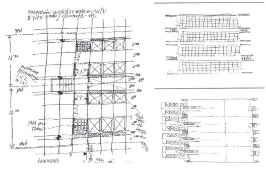 Croquis de definição do partido, princípios estruturadores funcionais - Norman Foster, 1978, Banco Hong-Kong, China