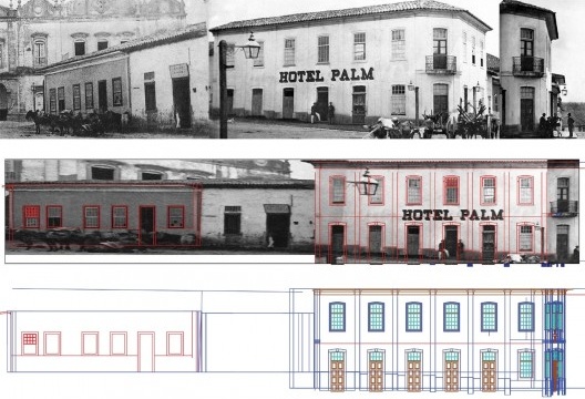 Exemplo do processo de planificação e desenho sobre a base planificada (Largo do Capim e Hotel Palm)