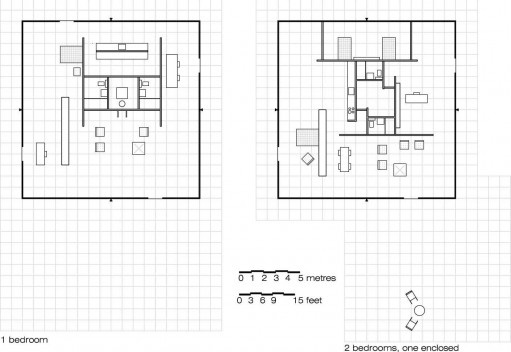 Figura 4: Casa Núcleo, variações de arranjo interno para versão 50 x 50 baseado nos desenhos originais de Mies van der Rohe