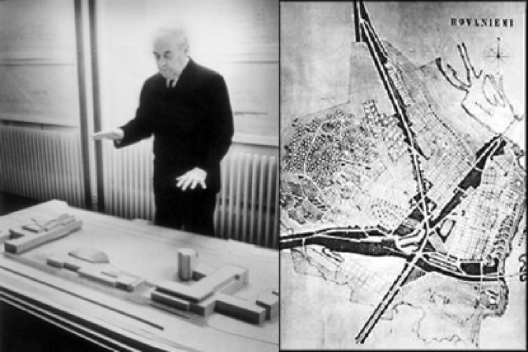 À esquerda, Alvar Aalto apresentando o projeto urbano de Rovaniemi; à direita, Plano urbano de reconstrução da cidade