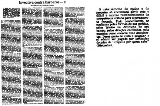 Artigo “Invectiva contra bárbaros – 2”, de Maria Sylvia de Carvalho Franco. Folha de S.Paulo, 16 de março de 1988, p. 3
