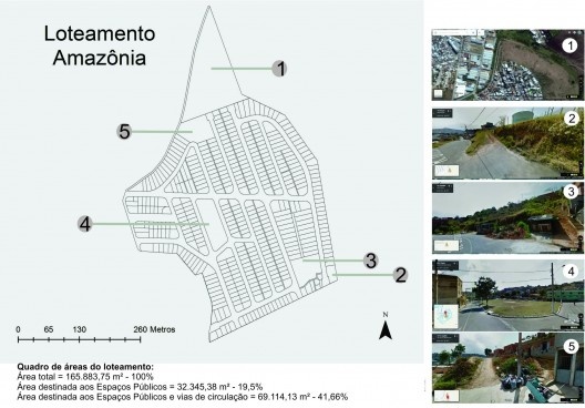 Planta do Loteamento Amazônia aprovado em 1994, ao lado imagens datadas de 2016 (1) e 2011 (2,3,4 e 5)