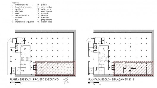 Centro Administrativo de Uberlândia, planta subsolo setor Legislativo, Uberlândia MG Brasil, 1993. Arquitetos Acácio Gil Borsoi, Janete Costa, Milton Leite Ribeiro, Marco Antônio Borsoi e Rosa Maria Chagas Aroucha / Milton Leite Arquitetos