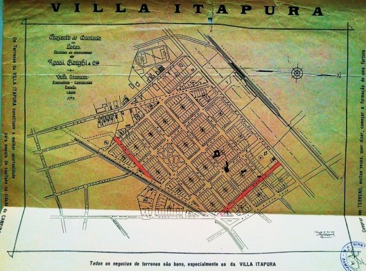Panta do pedido de aprovação da Vila Itapura junto à Prefeitura Minucipal de Campinas em 1937. O parcelamento está delimitado pela Av. do Saneamento, atual Av. Orosimbo Maia, Av. Brasil, Av. Barão de Itapura e Rua José Paulino