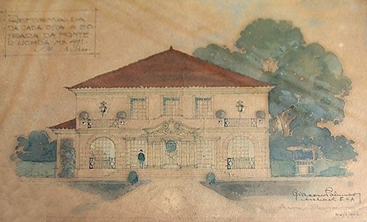 Representação do projeto da fachada principal, de autoria de Giácomo Palumbo, com auxílio da técnica de aquarela, em 1922