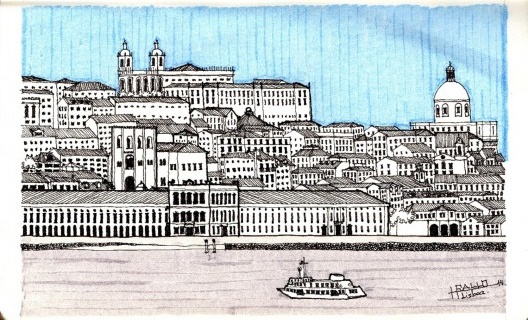 Lisboa: vista da cidade pelo rio Tejo a partir do seu lado oposto, destacando-se a Sé e o Panteão