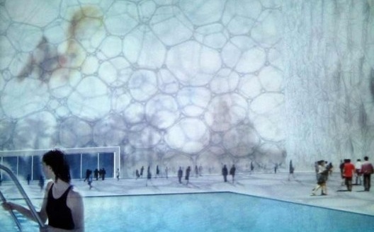 Imagem conceitual do projeto para o cubo d’água mostrando a atmosfera que os arquitetos pretendiam criar dentro do espaço.