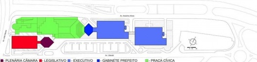 Centro Administrativo de Uberlândia, distribuição de usos, Uberlândia MG Brasil, 1993. Arquitetos Acácio Gil Borsoi, Janete Costa, Milton Leite Ribeiro, Marco Antônio Borsoi e Rosa Maria Chagas Aroucha / Milton Leite Arquitetos