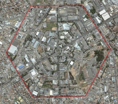Imagem orbital do hexágono da Cidade Industrial Juventino Dias, situada no município de Contagem