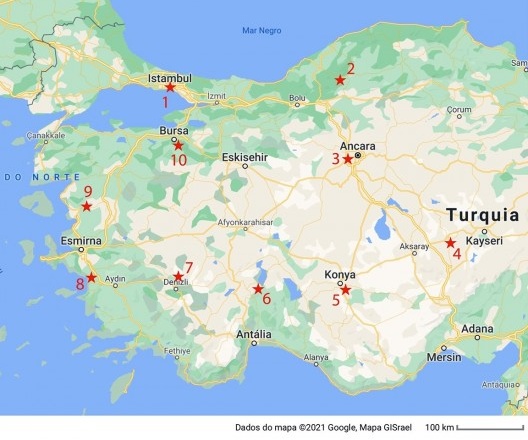 Mapa da parte ocidental da Turquia com indicação das dez localidades visitadas