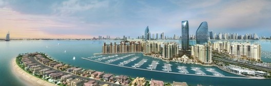 Imagem digital de simulação da paisagem arquitetônica sobre a ilha artificial Palm Jumeirah em Dubai