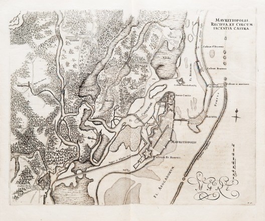 Mapa “Mauritiopolis, Reciffa, et Circum Lacentia Castra”, 1647, de Georg Marcgrave (1610-1644)