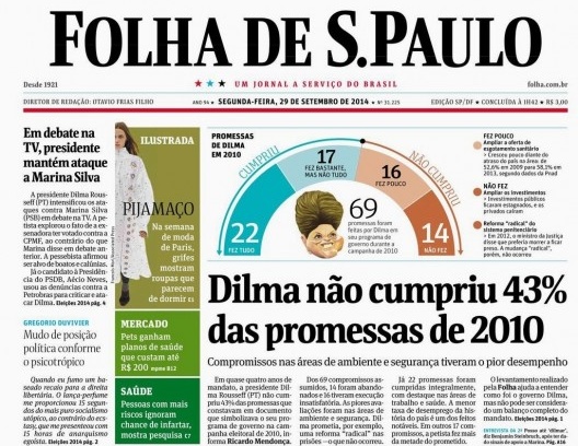 Capa do jornal Folha de S.Paulo, 29 de setembro de 2014