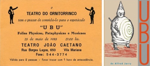 Convite para a estreia de Ubu, design Victor Nosek, 1985; à direita, capa do programa Ubu, 1985