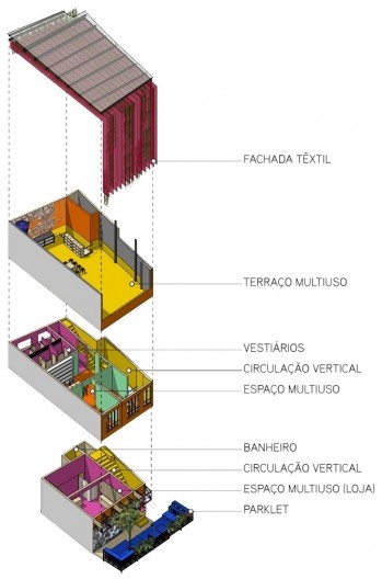 Centro Cultural Lá da Favelinha, perspectiva isométrica, Belo Horizonte MG, 2021. Arquitetos Fernando Maculan e Joana César Magalhães (autores) / Coletivo Levante