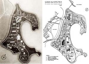 Ilha do Fundão: à esquerda, versão inicial da implantação; à direita, segunda versão da implantação