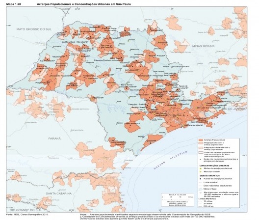 Mapa de arranjos populacionais e concentrações urbanas em São Paulo