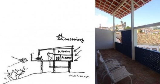 Hotel de Ouro Preto (1944), a varanda profunda e o pé-direito duplo mantinham uma visada continua sobre a paisagem da cidade colonial