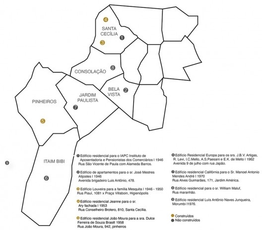 Mapa dos apartamentos de Vilanova Artigas em São Paulo