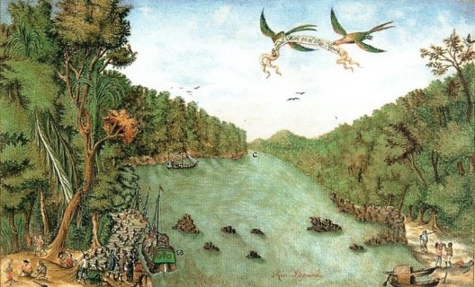 Raudal Mirí em El rio Japurá. Legenda: A. Comisarios español y portugués. B. Embarcaciones pasando a la liga después de descargadas en que se hirieron algunos soldados. C. Pongo o estrechura muy correntosa