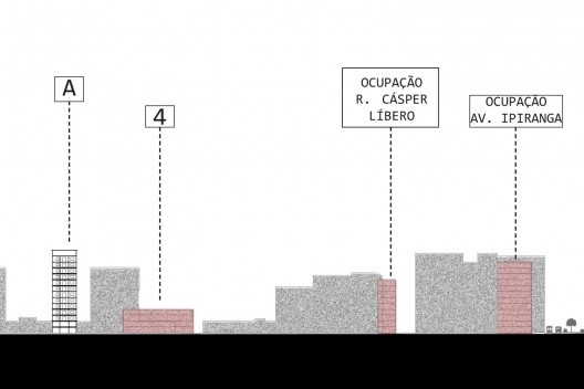 Projeto \"À margem\", corte passando pelos edifícios da proposta. Camila Ghendov, Mariana Simões da Costa e Vinicius Nakama, FAU Mackenzie
