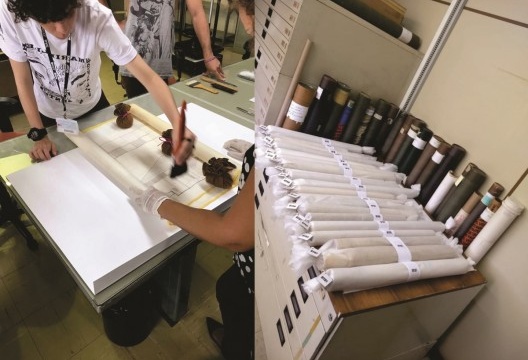 Processo de limpeza das pranchas de desenhos do acervo e novo armazenamento das folhas com a preservação dos tubos originais