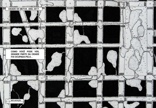 Ilustração de vista aérea da cidade de Metus ocupada pelos Homo tegumen e suas peles