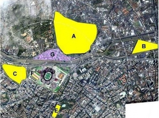 Estacionamentos no Maracanã para a Copa de 2014 – A: Quinta da Boa Vista, 3.154 vagas; B: Ferrovias, 2.880; C: UERJ, 1.580; E: Colégio Militar, 700; F: Estádio, 734; G: Vila de hospitalidade. Simulação do projeto, jan. 2010